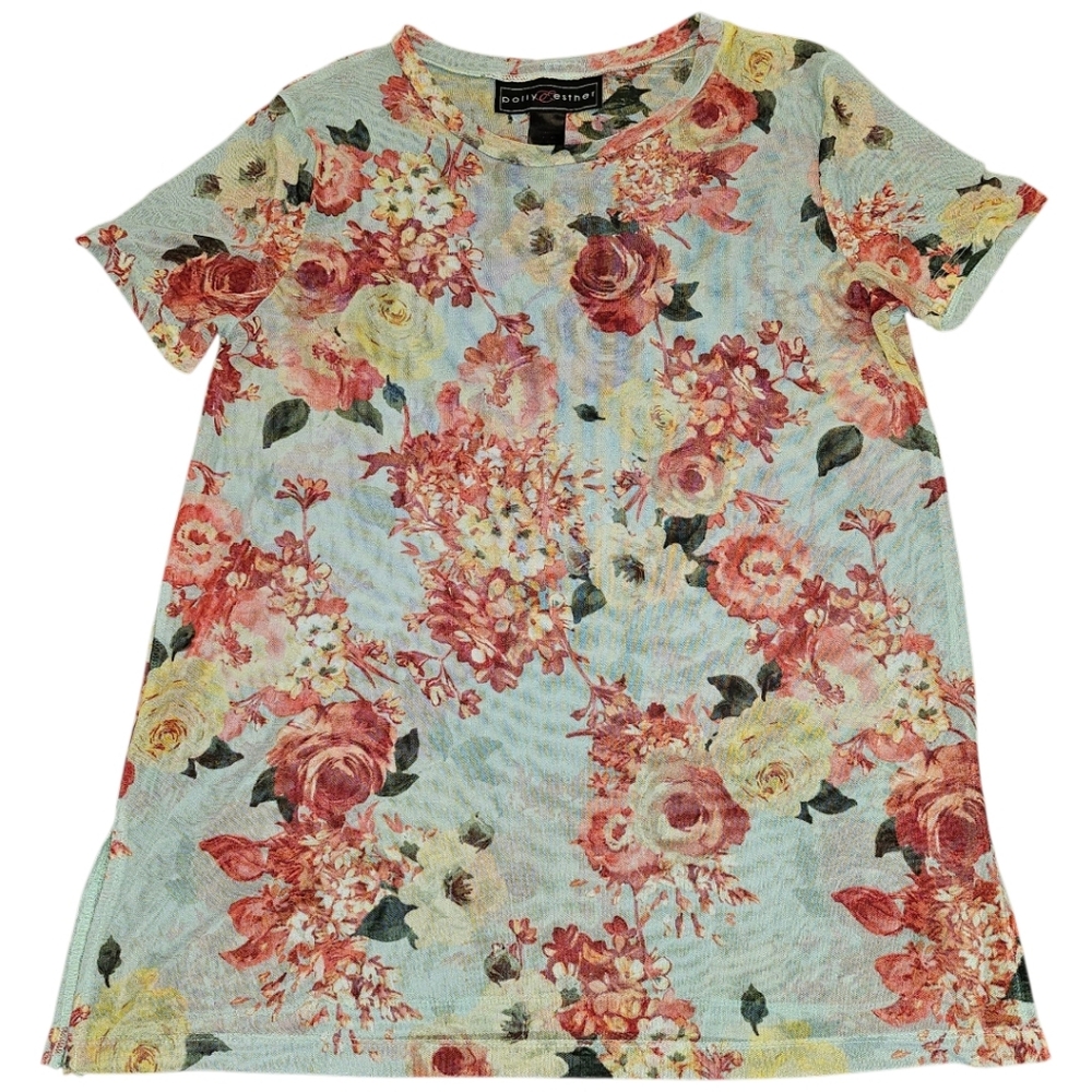 Polly & Esther Mint Green Floral Print Short Sleeves Sheer Side Slits Top SZ L